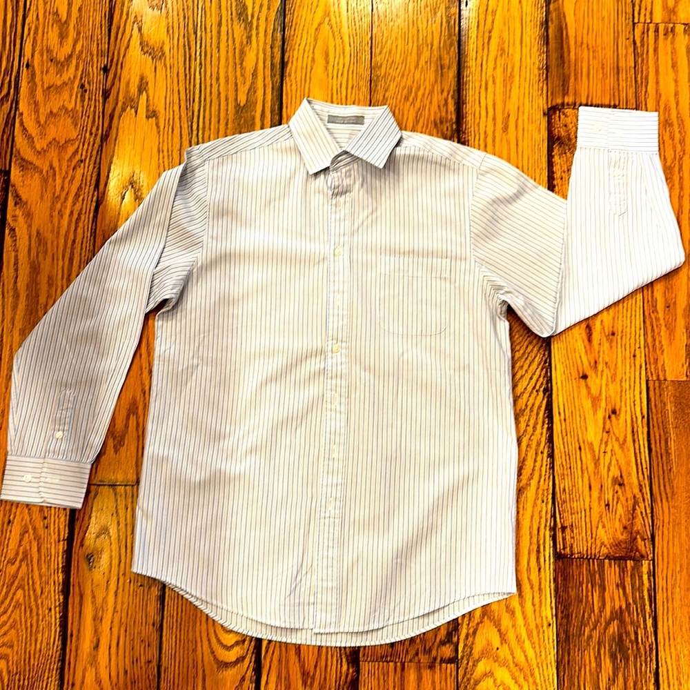 CLASSIC XMI BLUE, YELLOW, AND WHITE COTTON STRIPED BOYS, SIZE 16 DRESS SHIRT